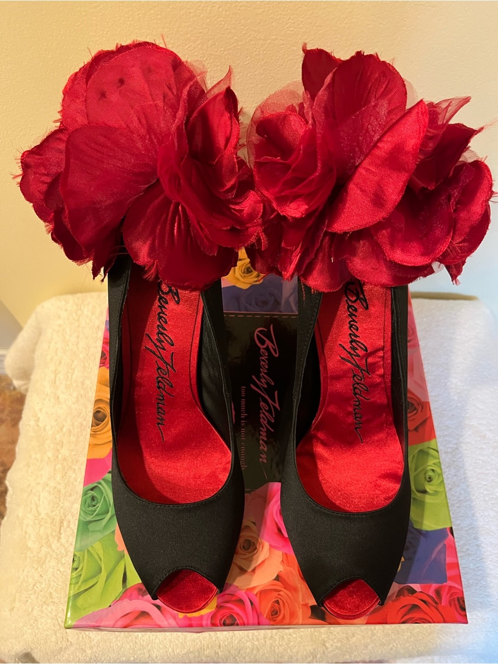 Beverly Feldman Black and Red Floral Peep-Toe Heels